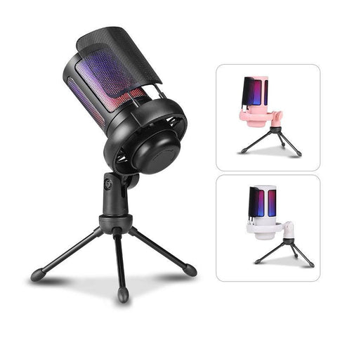 Colorful USB noise reduction recording microphone with RGB lighting and adjustable stand, ideal for singing and streaming