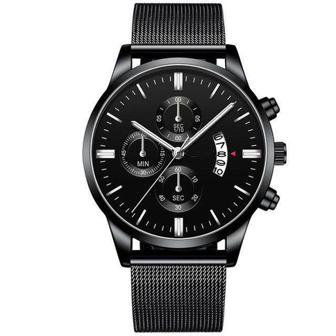 Stylish business mesh band watch for men featuring a black dial and chronograph functions, perfect for professional settings