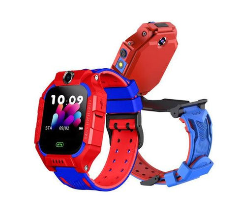 Colorful children's smart watch featuring a vibrant red and blue design, touchscreen display, and built-in camera for kids