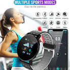 Water-resistant Bluetooth smart watch displaying multiple sports modes and fitness statistics on a stylish design