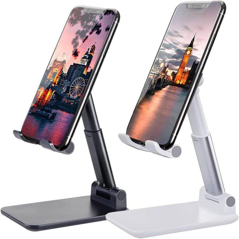 Adjustable cell phone stand in black and white, perfect for holding devices at various heights for hands-free viewing.