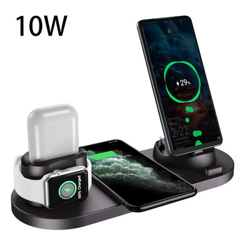 6 in 1 charging dock station featuring a sleek design, charging two phones, AirPods, and an Apple Watch with fast charging capabilities