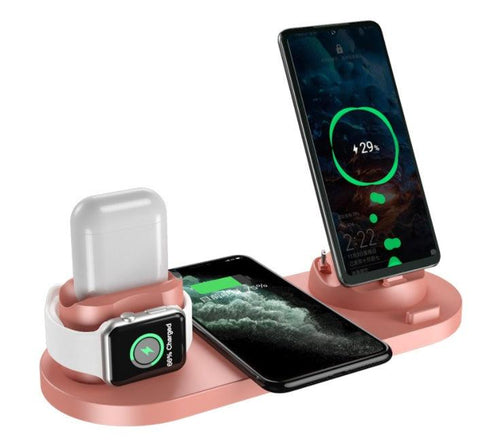 6 in 1 charging dock station in rose gold featuring slots for iPhone, Apple Watch, and AirPods with charging indicators