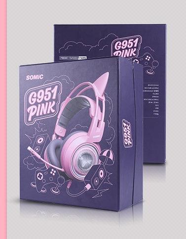 G951 USB gaming headset in pink packaging featuring LED lights and virtual surround sound capabilities