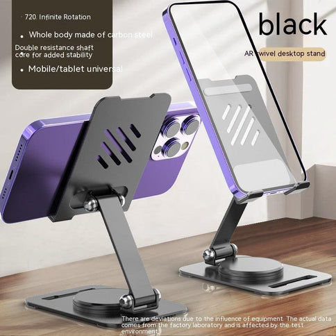 Adjustable phone holder stand in black, featuring a 360-degree rotation and sturdy carbon steel design for mobile and tablet use