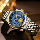 Luminous multifunctional men's watch with a blue dial, moon phase display, and a sleek two-tone stainless steel band