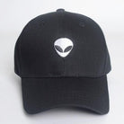 Black alien head baseball cap featuring a white embroidered alien logo on the front for a stylish, unique look