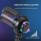 Close-up of a colorful USB noise reduction recording microphone with adjustable gain control knob for customized sound settings