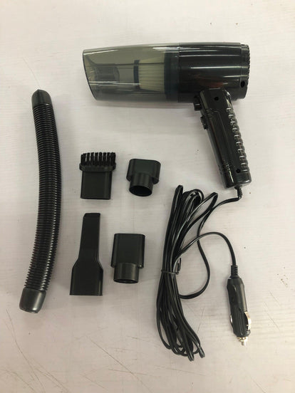 Compact car vacuum cleaner kit featuring powerful suction, multiple attachments, and a car charger, ideal for pet hair removal