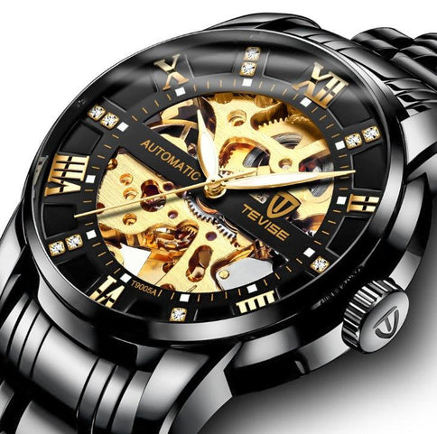 Tevise men's automatic watch with gold accents features a skeleton dial showcasing intricate gears and luxurious gold detailing