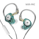 KZ EDX Pro earphones with clear housing, featuring dual drivers for enhanced bass and integrated microphone for calls