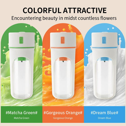 Multi-functional juicer squeezer in three vibrant colors: Matcha Green, Gorgeous Orange, and Dream Blue, designed for easy blending and juicing.