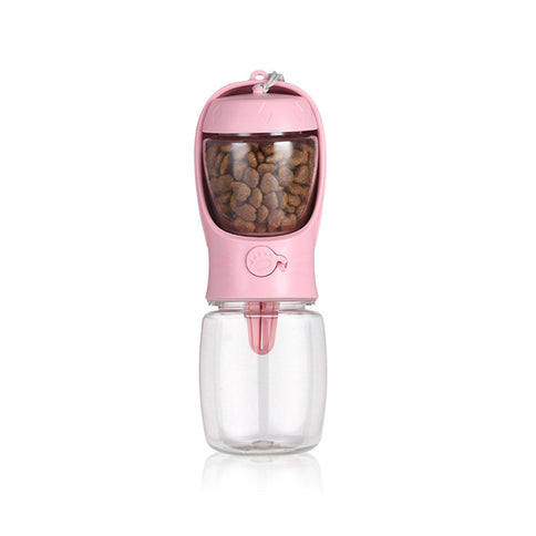 Fashionable portable pet water bottle in pink, designed for both water and food storage for pets on the go