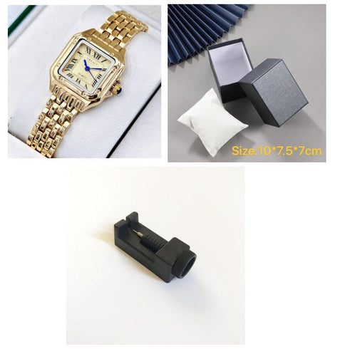 Waterproof women's fashion watch with a gold strap and classic Roman numeral face, displayed in a sleek presentation box