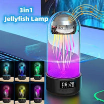 Colorful 3 in 1 jellyfish lamp with clock featuring luminous jellyfish and stereo sound, perfect for ambient lighting.