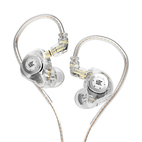 Clear KZ EDX Pro earphones featuring a sleek design, enhanced bass, and comfortable fit for sports and everyday use