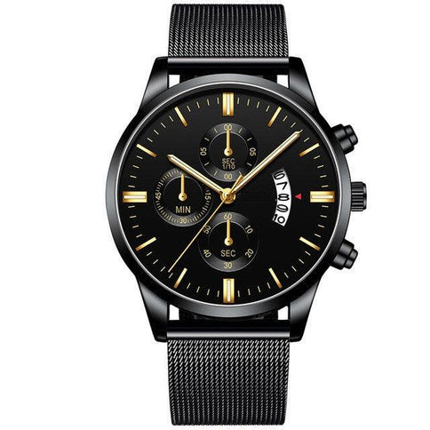 Stylish black quartz watch for men with a mesh band, featuring chronograph dials and gold accents, ideal for business attire