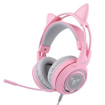 Pink USB gaming headset with LED lights, 7.1 virtual surround sound, and cat ear design for immersive gaming experience