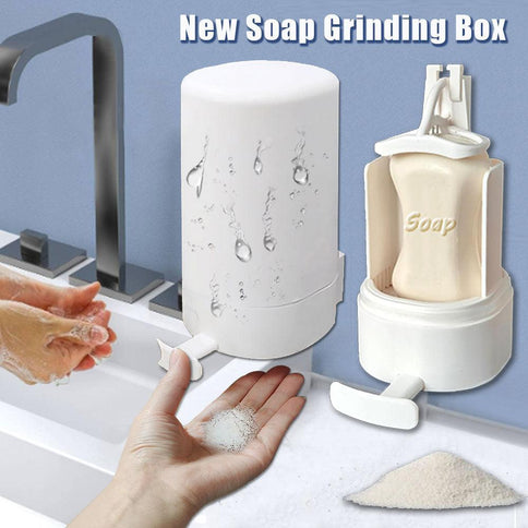 Wall mounted soap grinder in white, featuring a convenient dry organizer box for easy soap grinding and storage at the sink