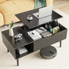 Modern adjustable height coffee table in black with lift-top design, featuring storage for books and electronics