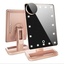 Touch screen makeup mirror with 20 LED lights and Bluetooth music speaker in a sleek design, perfect for daily beauty routines