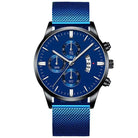 Stylish blue quartz business mesh band watch for men featuring a chronograph design and a sleek stainless steel finish