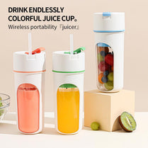 A multi-functional juicer squeezer in three colors with a juice cup, featuring a portable design for blending fruits and vegetables