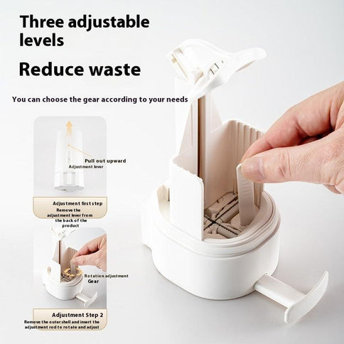 Wall mounted soap grinder with three adjustable levels for reducing waste, designed for easy soap storage and usage