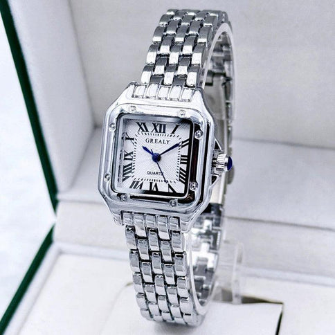 Stylish waterproof women's fashion watch featuring a square face, Roman numerals, and a silver-tone metal bracelet