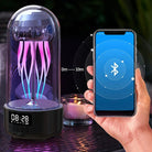 Colorful jellyfish lamp with clock featuring luminous design, portable stereo sound, and Bluetooth connectivity for ambiance and decor