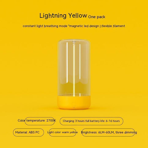 Bright yellow LED camping light rechargeable with flexible filament, magnetic design, and warm light for outdoor adventures