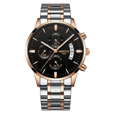 Luxury men's chronograph watch featuring a black dial, rose gold accents, and a stylish silver and gold band