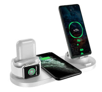 6 in 1 charging dock station featuring space for an iPhone, Apple Watch, and AirPods with digital charge indicators