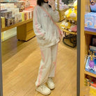 Cat embroidery sports suit featuring a fleece padded coat and matching trousers with pink stripes, ideal for casual wear