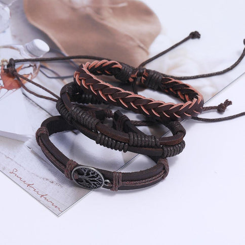 Stylish Tree of Life leather bracelet set for men featuring braided and woven designs in brown tones