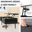 Black adjustable height coffee table with ergonomic design featuring a hydraulic lifter for easy height adjustment