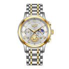 Luminous multifunctional men's watch with moon phase display, silver and gold accents, stylish design for every occasion