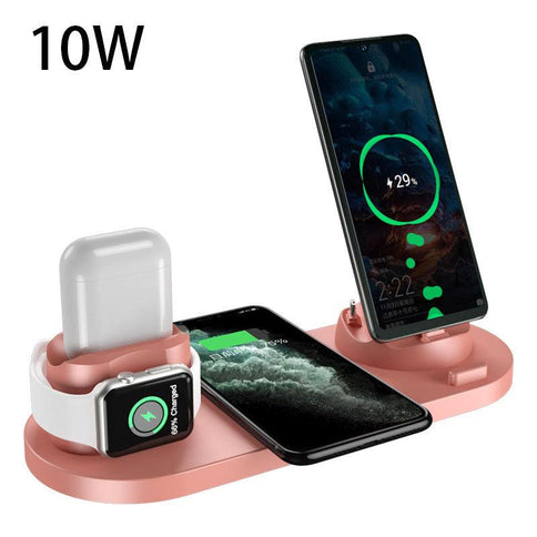 6 in 1 charging dock station displaying two smartphones, an Apple Watch, and AirPods, featuring a sleek design and LED indicators.