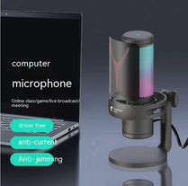 Highfre Type-C computer microphone with RGB lighting, ideal for online classes, gaming, and live broadcasting.