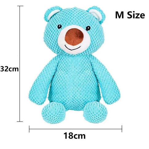 Cute large squeaky dog toy in blue bear shape, soft plush fabric ideal for chewing and training