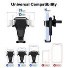 Universal gravity phone mount in black metal design, compatible with various phone sizes, ideal for car air vent use