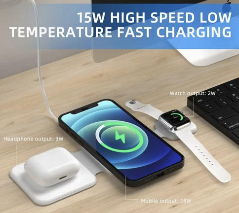 3 in 1 wireless charger with fast charging capabilities for smartphones, earbuds, and smartwatches on a desk