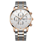 Stylish luxury men's chronograph watch featuring a silver and rose gold design with multiple dials and a sleek metal bracelet