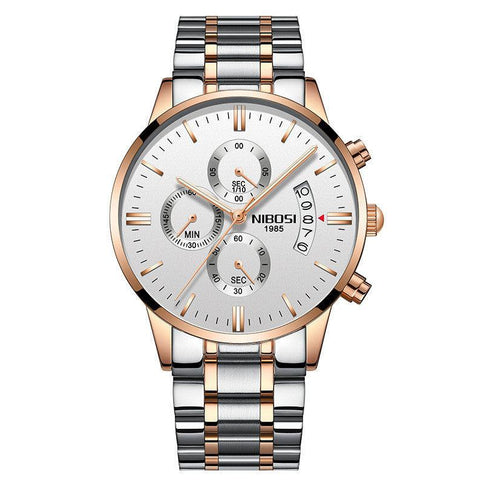 Stylish luxury men's chronograph watch featuring a silver and rose gold design with multiple dials and a sleek metal bracelet