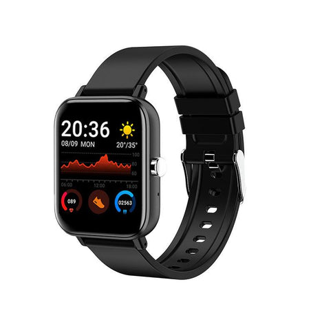 Stylish blood pressure smart watch displaying heart rate and health metrics on a vibrant screen with a black strap