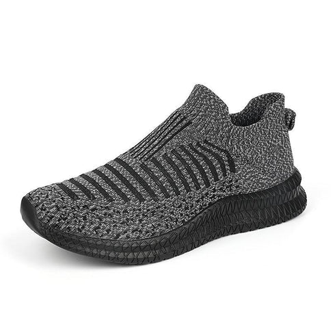 Lightweight men's stylish comfortable running shoes in black and gray with a slip-on design and breathable mesh upper.