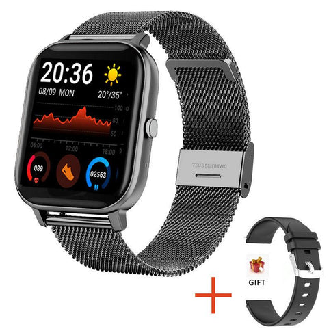 Stylish blood pressure smart watch with a black mesh strap displaying heart rate and weather, includes an additional black silicone strap gift