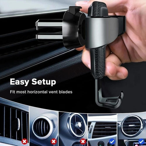 Universal gravity phone mount securely attaches to car air vent, designed for easy setup and compatibility with most vent blades