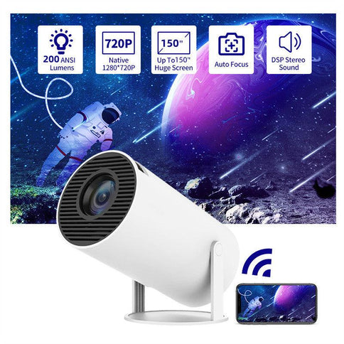 Compact projector for home theater showcasing a 720p image of an astronaut against a cosmic background with automatic focus feature.