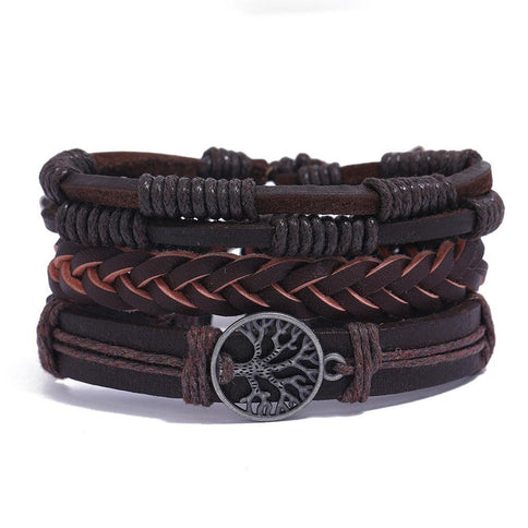 Stylish Tree of Life leather bracelet for men featuring braided and woven designs with a metal tree charm